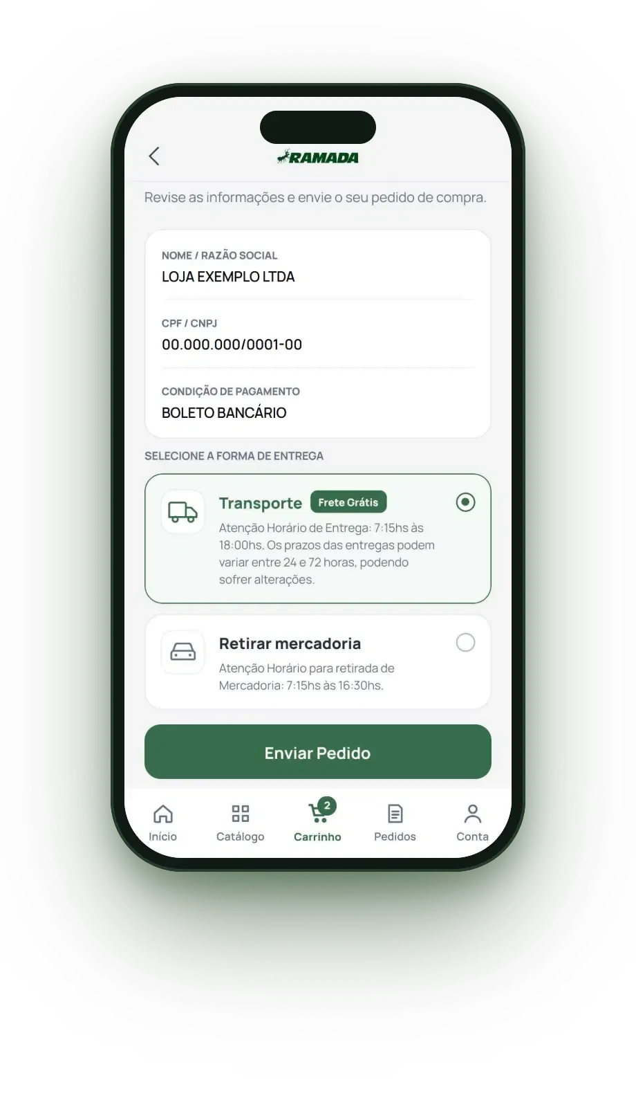 Tela do app: Frete grátis até a porta da sua loja